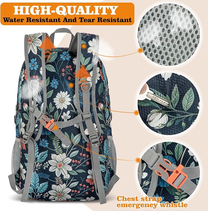 ZOMAKE Lightweight Packable Backpack 30L, Foldable Travel Hiking Daypack | Water Resistant Collapsible Backpacks, Folding Day Pack for Outdoor Camping Sport, Everyday Carry(Navy blue,Floral pattern)