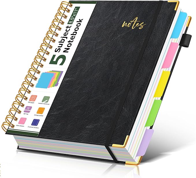 Hardcover Spiral Notebook Journal 8.5" x 11" Leather 5 Subject Notebook with Removable Dividers Tabs, 300 Pages Organizer Notebooks for Work School, College Ruled, Large Lined Journal for Women,Black