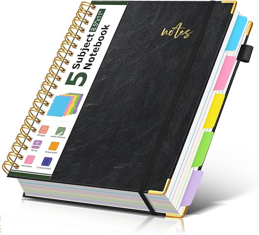 Hardcover Spiral Notebook Journal 8.5" x 11" Leather 5 Subject Notebook with Removable Dividers Tabs, 300 Pages Organizer Notebooks for Work School, College Ruled, Large Lined Journal for Women,Black