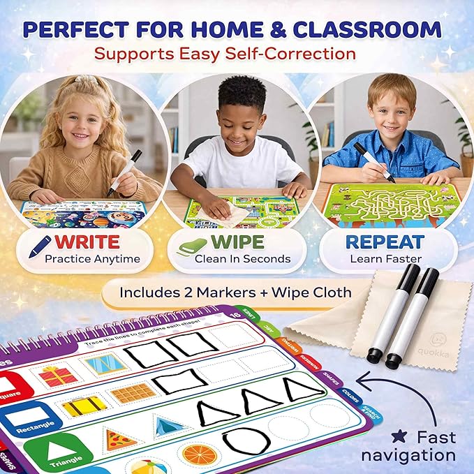 QUOKKA Busy Book for Toddlers 3-5 – Adventure Search and Find Activity Pad - Toddler Dry Erase Learning Workbook with Markers for Travel Quiet Time