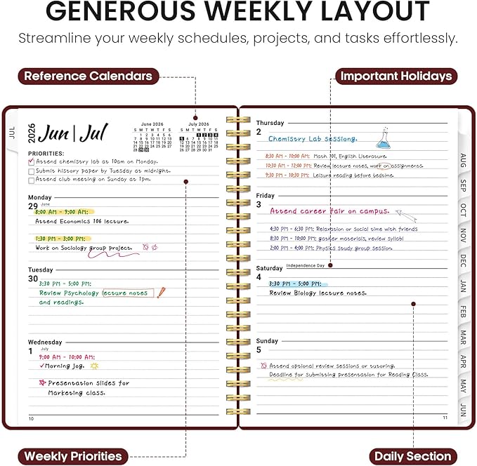 Planner 2026-2027, 6.3" x 8.5" Weekly and Monthly Academic Year Planner Calendar, July 2026 - June 2027, Hardcover Large School Planning Agenda With Tabs, Perfect for School & Office Supplies, A5, Burgundy