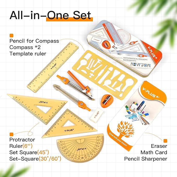 YPLUS Geometry Set for Students, Math Protractor Compass, Box of Protactors Kit for Class Supplies and School Kids Toddler - 11 Pcs