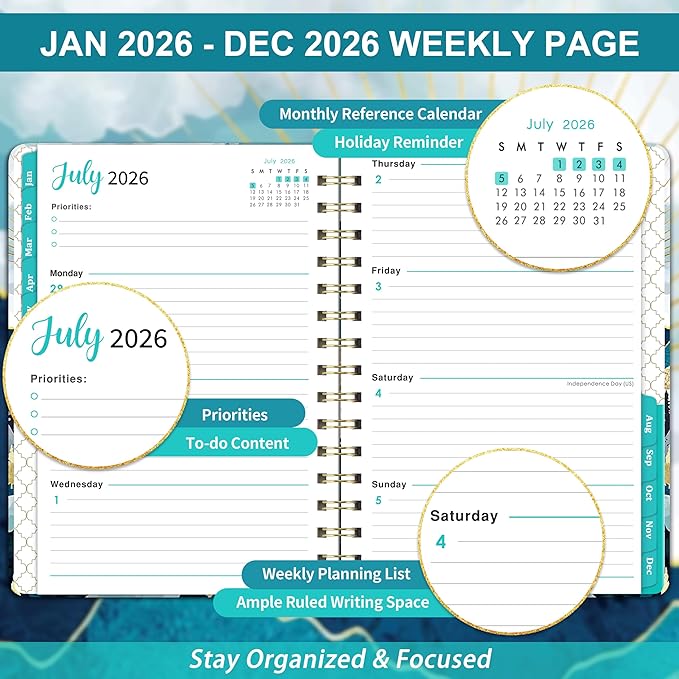 2026 Planner - January 2026 - December 2026, Planners 2026, 2026 Planner Weekly And Monthly, Tabs, 6.3" x 8.4", Back Pocket, Hardcover, Spiral Bound