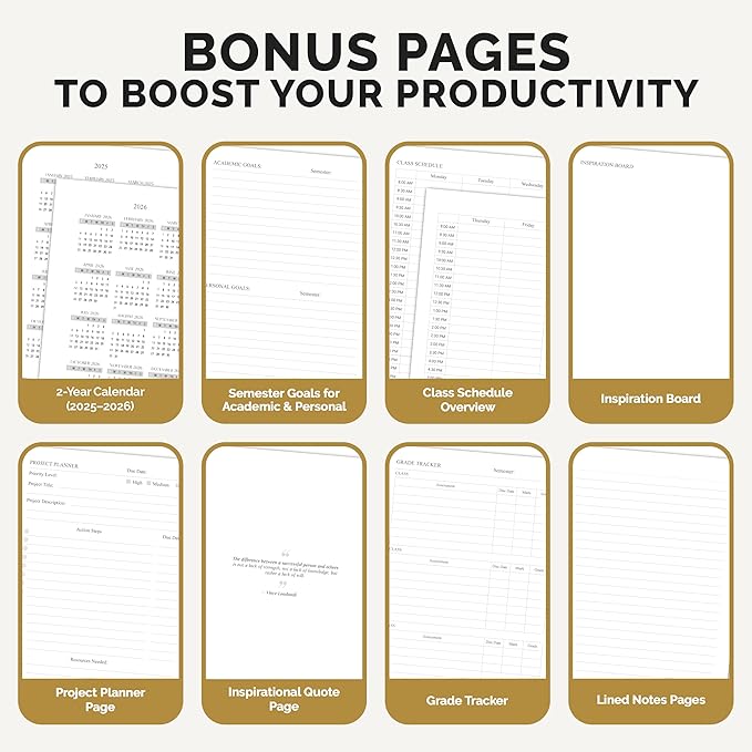 Decorably 240 Pages Gold Foil Monthly & Weekly Undated College Student Planner with Stickers, 6x8.6in Leatherette Hardcover with Goals, Priorities, to-dos, Habit Tracker & Notes - Home, School, Office