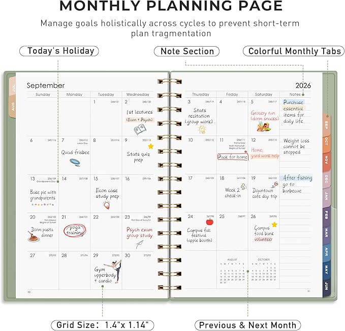 RETTACY Academic Planner 2026-2027, Weekly and Monthly, July 2026 - June 2027, Medium Size (5.7" x 8.3"), Calendar, Agenda, 12-Month Tabs, for Student, Teacher, School (Light Green)