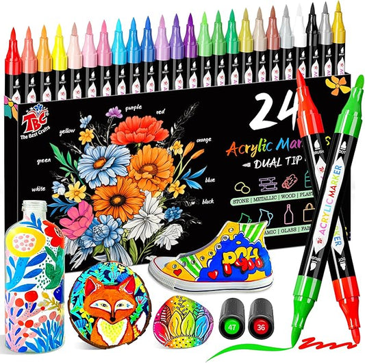 TBC The Best Crafts Acrylic Paint Markers for Teens, 24 Colors Dual Tip – Waterproof, Non-Toxic, Fast-Drying Art Pens for Rock Painting, Wood, Glass, Ceramic, Fabric – Birthday Crafts Gift for Teens