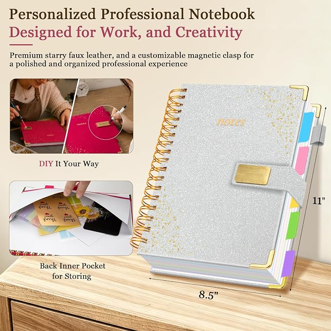 Spiral Notebook Journal 8.5''x 11'' 5 Subject Notebook with Dividers, 300 Pages Notebook College Ruled with Magnetic Closure, A4 Tabbed Notebooks for Work School, Sparkle Journal for Women (Silver)