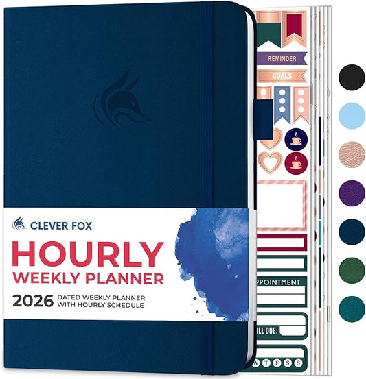 Clever Fox Dated Hourly Weekly Planner 2026 – Daily, Monthly & Yearly Agenda Organizer with Time Slots – Hardcover Journal, A5 Size (Dark Blue)