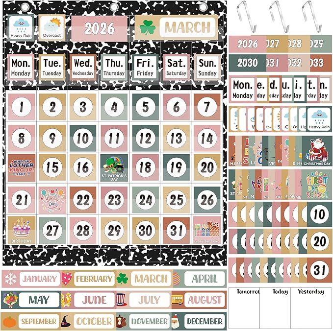 Tinlade Classroom Calendar Pocket Chart Set with 115 Cards 24 x 28 Inch Modern Farmhouse Calendar Bulletin Board Pocket 2026-2033 Festival Weather Teacher Supplies for Back to School Wall Decoration
