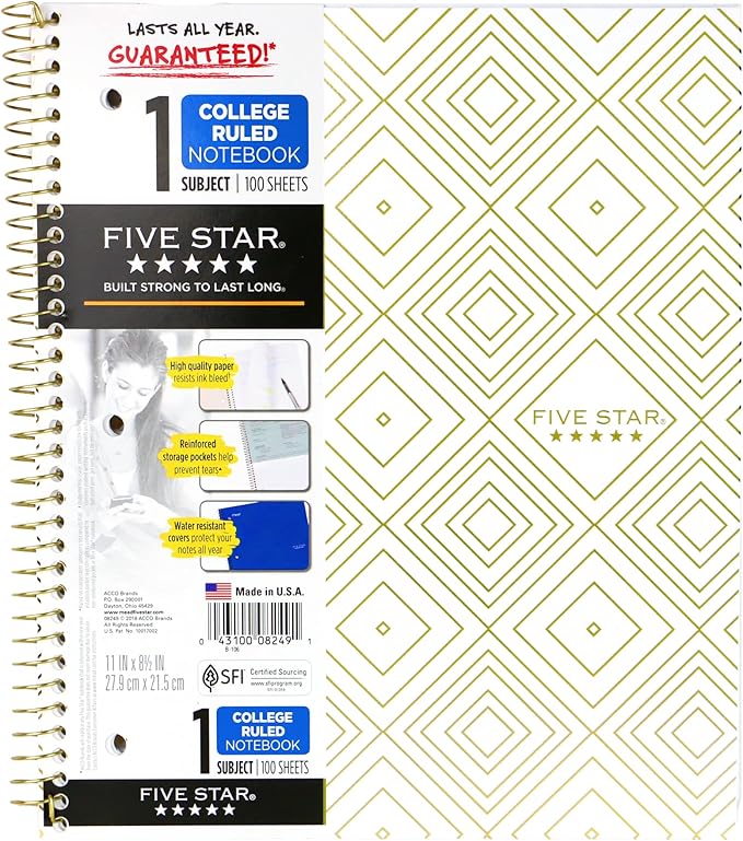 Five Star Wirebound Notebook, 1-Subject, 100 College-Ruled Sheets, 11 x 8.5 Inch Sheet Size, Teal (72051)