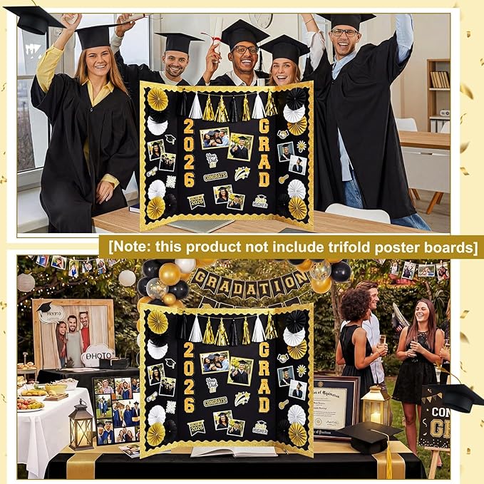 31 Pcs Graduation Photo Display Board Decoration 40"x28" Trifold Poster Board Graduation Themed Stickers Grad Fan Tassel Garland for 2026 Grad Party College Picture Frame(Black Gold Silver)