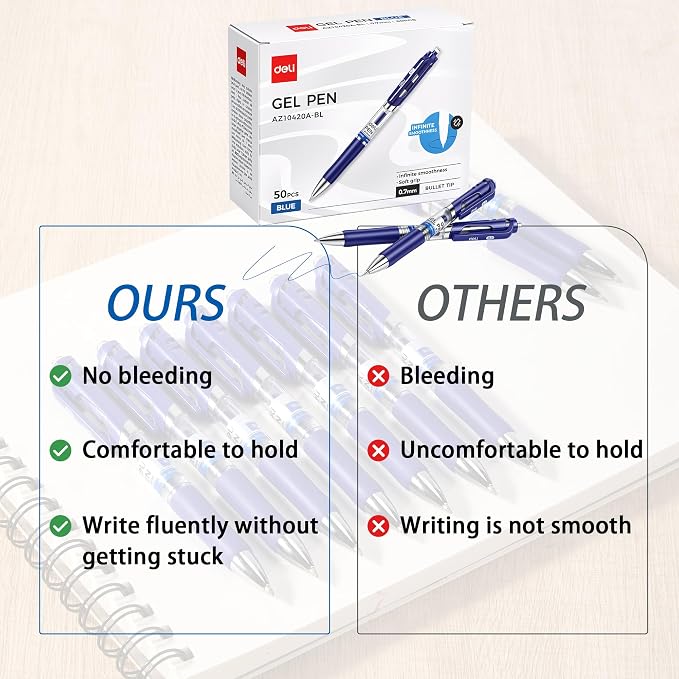 deli Gel Pens, 50 Pcs 0.7mm Retractable Pens Blue Ink | Medium Point Pen , Smooth Writing, Fast Dry, No Bleed for Journaling Note Taking, Home School Office Supplies