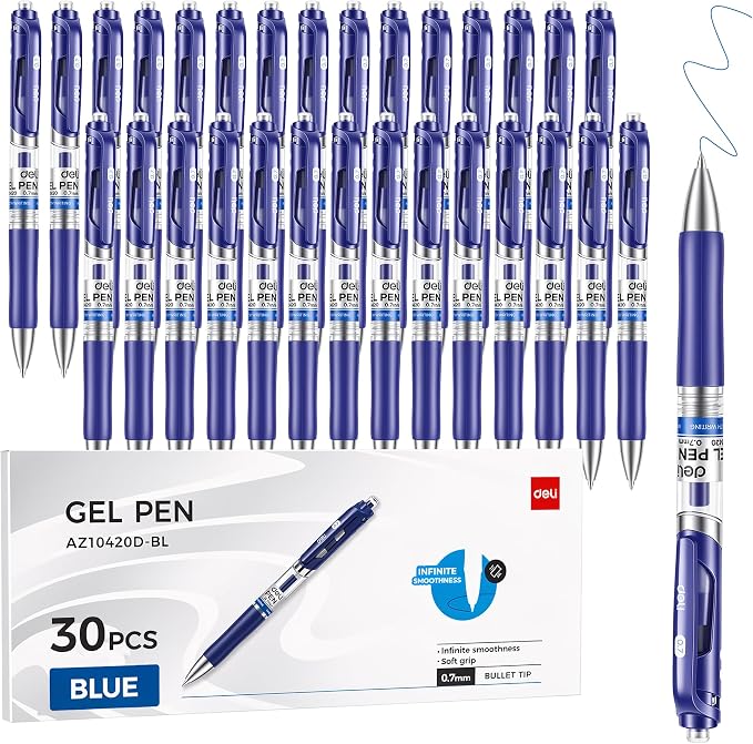 deli Gel Pens, 30 Pcs 0.7mm Retractable Pens Blue Ink | Medium Point Pen Bulk, Smooth Writing, Fast Dry, No Bleed for Journaling Note Taking, Home School Office Supplies