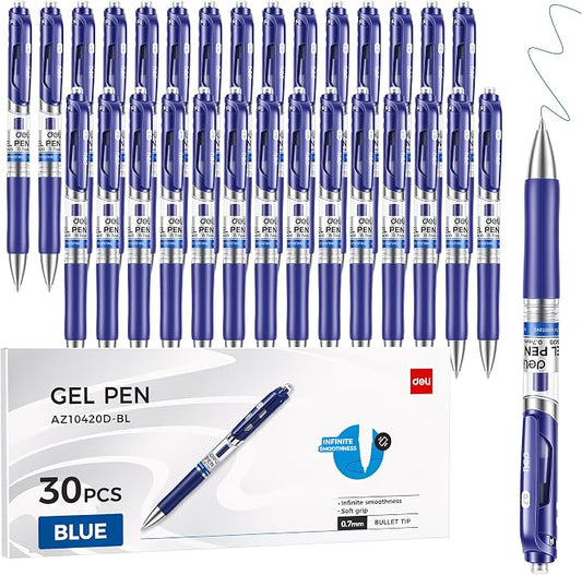 deli Gel Pens, 30 Pcs 0.7mm Retractable Pens Blue Ink | Medium Point Pen Bulk, Smooth Writing, Fast Dry, No Bleed for Journaling Note Taking, Home School Office Supplies