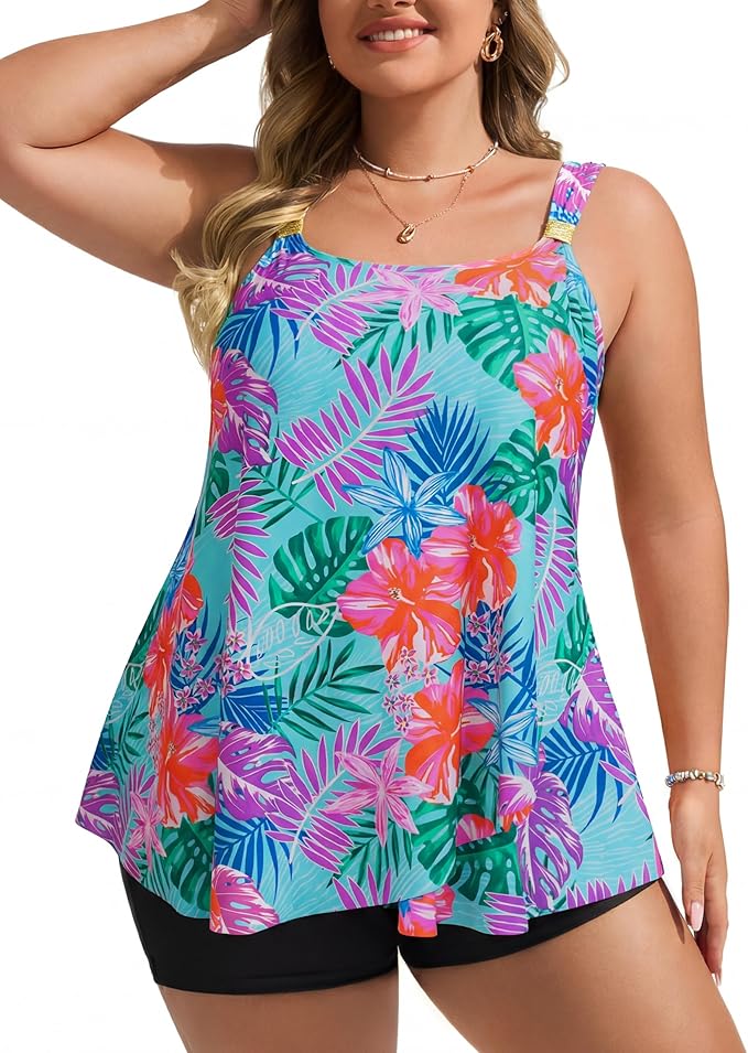 Hanna Nikole Womens Tankini Swimsuits 2 Piece Bathing Suit Flowy Ruffle Tankini Tops with Swim Shorts