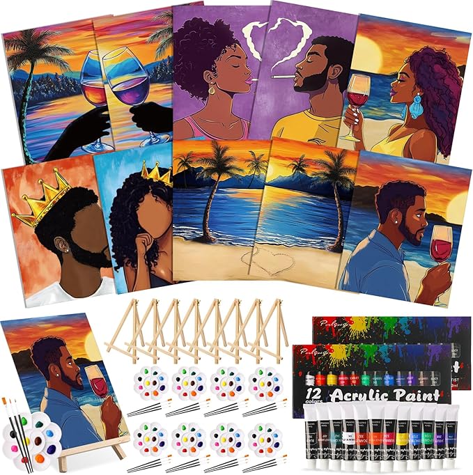 Ctosree 72 Pcs Lovely Couple Paint and Sip Kit for Adults 8'' x 10'' Pre Drawn Canvas for Painting DIY Pre Printed Canvas for Party Favor Afro Acrylic Painting Kit Wood Easel Brushes Date Night Bulk