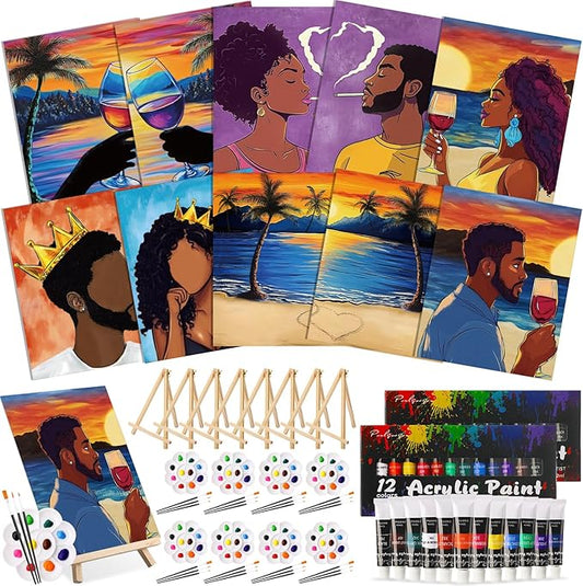 Ctosree 72 Pcs Lovely Couple Paint and Sip Kit for Adults 8'' x 10'' Pre Drawn Canvas for Painting DIY Pre Printed Canvas for Party Favor Afro Acrylic Painting Kit Wood Easel Brushes Date Night Bulk