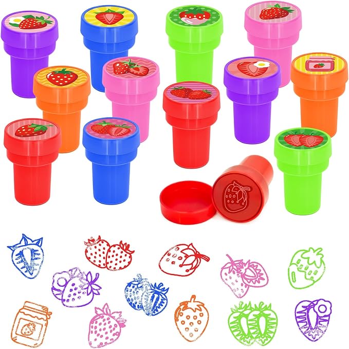 Cinrobiye 24 Pcs Strawberry Stampers Party Favor Set, Cute Fruit Stamps for Kids Birthday Party, Classroom Rewards, Carnival Prizes, Goody Bag Fillers, Berry Sweet Party Supplies