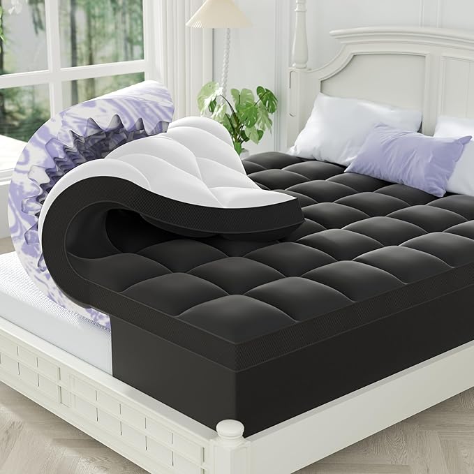 ChiXpace Dual Layer 5 Inch Memory Foam Mattress Topper King | 3 Inch Pillow Top Mattress Pad Cover and 2 Inch Gel Memory Foam, 7-Zone Egg Crate & 2-in-1 Design (Black)