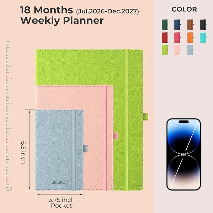 Weekly Monthly 2026-2027 Planner (July 26-Dec 27),6.5"x3.75",18 Months Agenda Plan with Month Tabs & Pocket,Expenses/Note Pages, Academic Calendar with Vegan Leather Cover,Wasabi Green