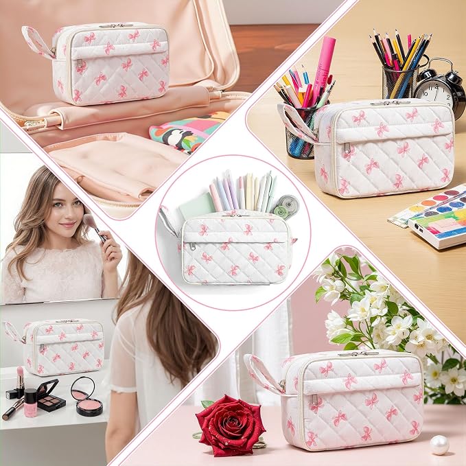 WOBAGMEN Quilted Pencil Pouch for Girls Women, Large Pencil Case Pouch with Compartments Cute Aesthetic Pencil Case Organizer, Floral Pencil Bag for School Supplies (Pink cute Bow)