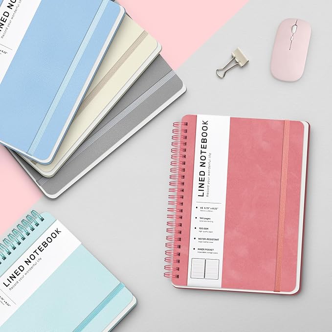 Lined Spiral Journal Notebook with 160 Pages, 8×5.7in, A5 Spiral Notebook, Journaling Notebooks for Work, School, Women, Men, College Ruled Spiral Notebook, Hardcover Leather Journals, Light Red