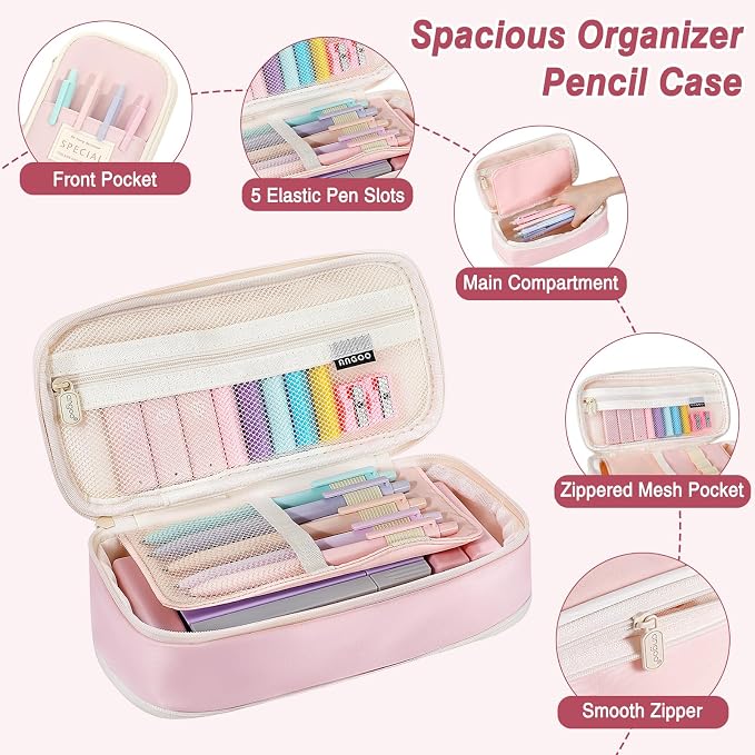 MoKo 59 PCS Aesthetic School Supplies with Cute Pencil Case, Students Stationery Set for Teen Girls & College with Gel Pens, Pastel Highlighters, Mechanical Pencils & Refills, Office Supplies, Pink