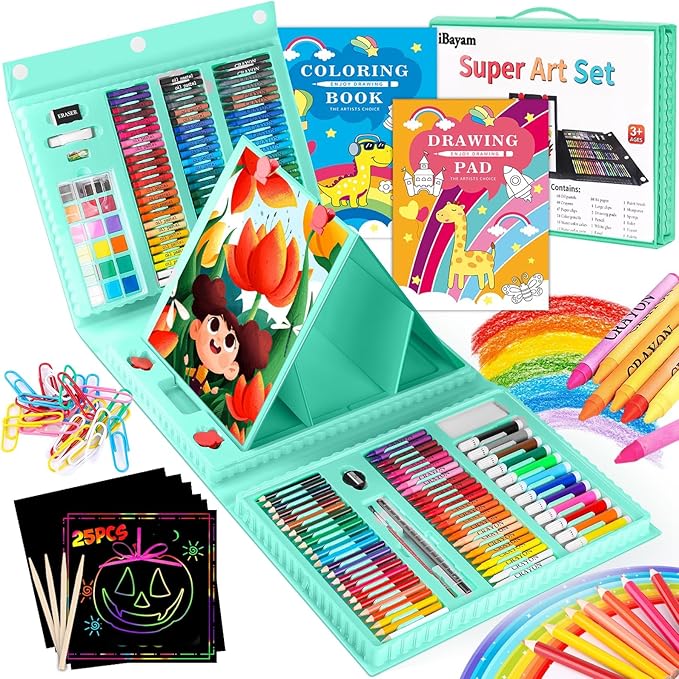 iBayam Art Supplies for Adult, Art Set Case with Trifold Easel, Scratch Paper, Sketch Pad, Coloring Book, Crayons, Pencils, Oil Pastels, Watercolors, Sharpener