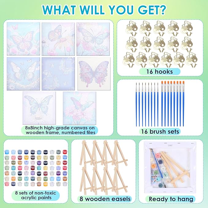 RoundFunny 8 Set Paint by Numbers Kit for Adults with 8x8 Inch Mini Simple Painting Canvas Wooden Frame Easel Acrylic Paints Brushes Funny Numbers Drawing Kit for Gift Home Wall Decor(Classic Flutter)