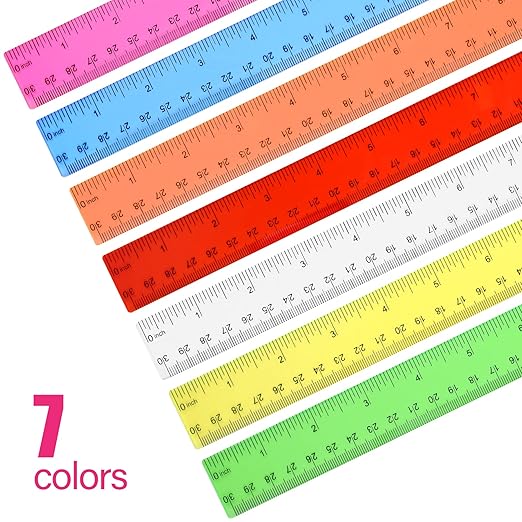 Unjoo Clear Plastic Ruler 12 Inch Straight Rulers, Bulk Assorted Colors, Shatterproof Ruler with Inches and Centimeters for School Classroom, Home, or Office (8 Pack)