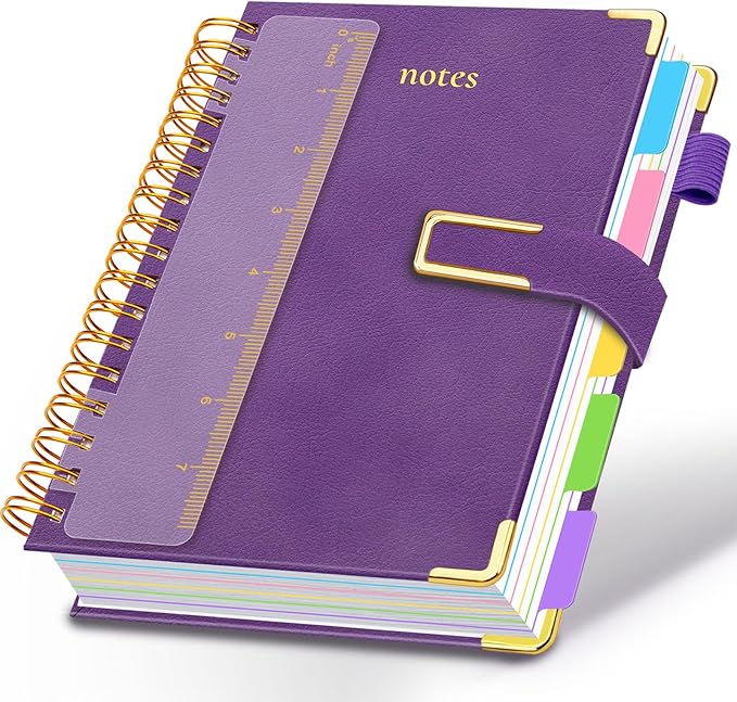 Hardcover Spiral Notebook College Ruled, 6.2"x 8.2" Leather Journal Notebook with Magnetic Closure, 300 Pages 5 Subject Notebook with Dividers Tabs Journal for Women Men, Work, School(Purple)