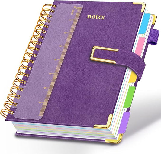 Hardcover Spiral Notebook College Ruled, 6.2"x 8.2" Leather Journal Notebook with Magnetic Closure, 300 Pages 5 Subject Notebook with Dividers Tabs Journal for Women Men, Work, School(Purple)