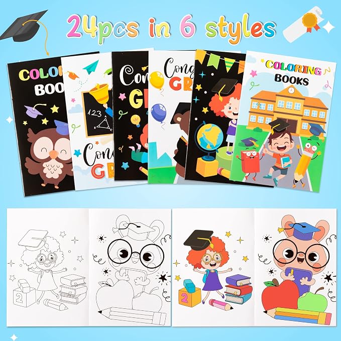 Dvbonike 24Pcs Kindergarten Graduation Coloring Books - Congrats Grad DIY Color-in Pages with Animals Cartoon Characters Drawing Party Favors Gift Home School Classroom Artwork Supplies
