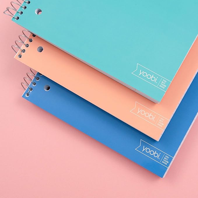Yoobi College Ruled 8 x 10.5” Spiral Notebook Set – Bulk 3-Pack of 3 Subject Notebooks, Blue, Mint Green & Blush Pink – Gift Idea – 150 Perforated, 3-Hole Punched Sheets