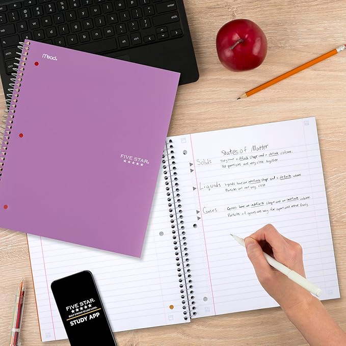Five Star Spiral Notebook + Study App, 1 Subject, Wide Ruled Paper, 8" x 10-1/2", 100 Sheets, Fights Ink Bleed, Water Resistant Cover, Amethyst Purple (72351) (Pack of 2)