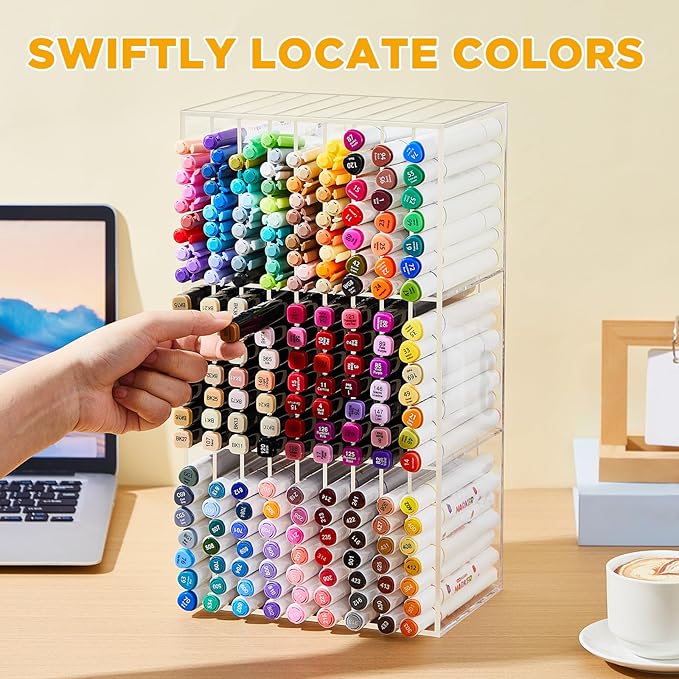 MotiMind Acrylic Marker Organizer for 189 Marker, Large Art Pencil Holder Storage Rack for Desk, Pens Art Brushes Display Stand with 27 Compartments for Desktop, Office (clear, 189 Capacity)