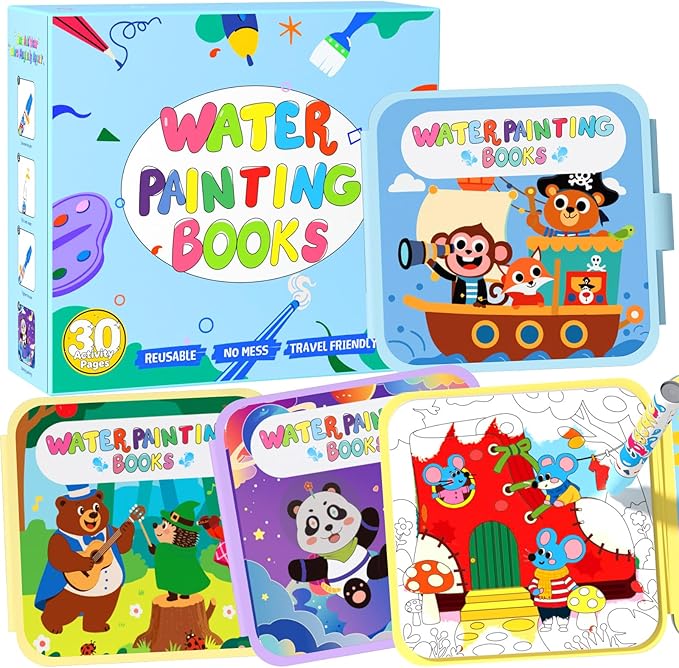 BATHKITS Reusable Water Painting Book for Kids - 3 Pack Magic Water Coloring Books with Water Pens, Fairy Tale, Animal & Space Themes | No Mess Paint, Travel Activity Toy, Gift Box, 30 Pages, Ages 3+