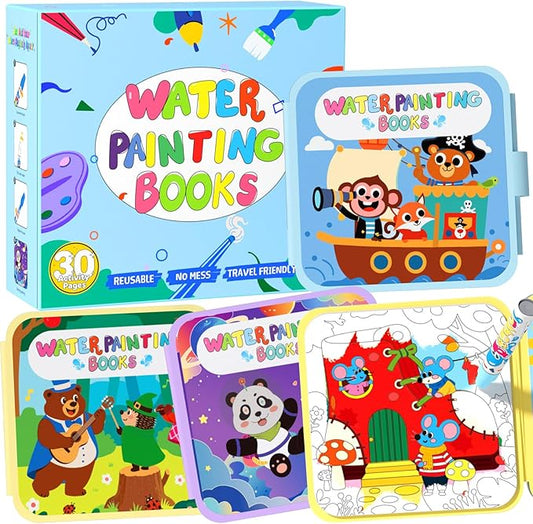 BATHKITS Reusable Water Painting Book for Kids - 3 Pack Magic Water Coloring Books with Water Pens, Fairy Tale, Animal & Space Themes | No Mess Paint, Travel Activity Toy, Gift Box, 30 Pages, Ages 3+