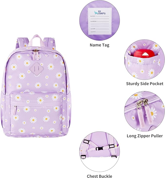 KK CRAFTS Preschool Backpack Kindergarten Little Kids Toddler Elementary School Backpacks for Boys and Girls with Chest Strap(17Inch, Daisy-Purple)