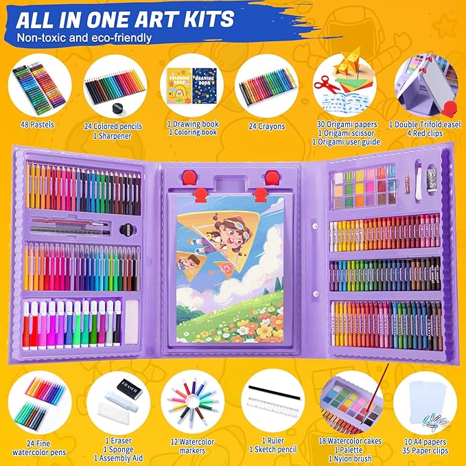 All in One Art Supplies, Art Kit Includes Origami & Paper-Cutting Crafts, Easel, Colored Pencils, Crayons, Drawing Book, Coloring Book, Watercolor Markers and More, Art Set for Kids Girls Boys, Purple