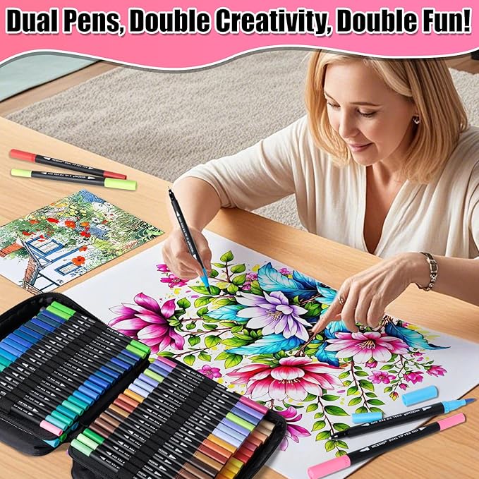 sunacme Art Supplier Dual Brush Markers Pens, 110 Artist Coloring Marker Set, Fineliner & Brush Tip Pen with Premium Case for Adults Coloring Books & Journal, Drawing, Doodlin