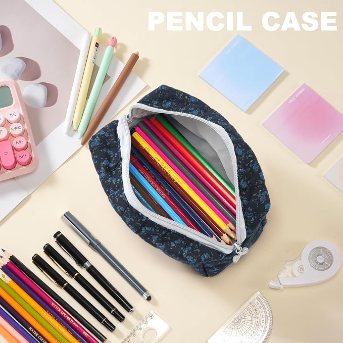 Makeup Bag Travel Toiletry Bag for Women, Small Cosmetic Bags Aesthetic Organizer Quilted Cotton Makeup Pouch&Purse Emergency Bag Floral Pencil Case Accessory Bag, Midnight Blue