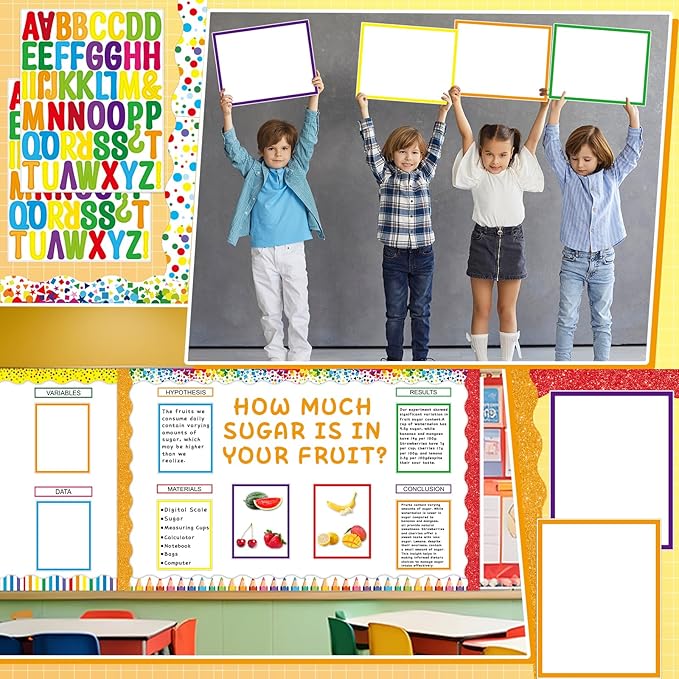 122 Pcs Science Fair Board Supplies 72 Glitter Colorful Pencil Trim Scalloped Borders 36 Presentation Board Subtitle 6 Self Adhesive Project Title 8 Letter Sticker for Classroom Office Decor(Colorful)