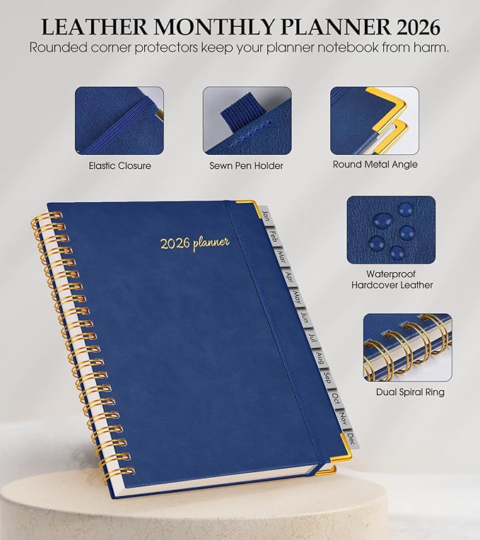 2026 Planner, Weekly and Monthly Calendar Planner from January 2026 - December 2026, 5.75" x 8.38" Hardcover Leather Hourly Appointment Book with Tabs, A5 Spiral Daily Planners for College School Work Home, Navy
