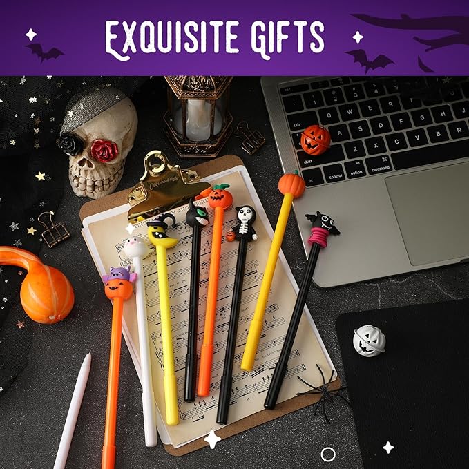 SANNIX 20pcs Halloween Cartoon Pens, Novelty Pumpkin Ghost Skull Bat Gel Ink RollerBall Pens for Halloween Birthday Party Favors Gift Home Supplies
