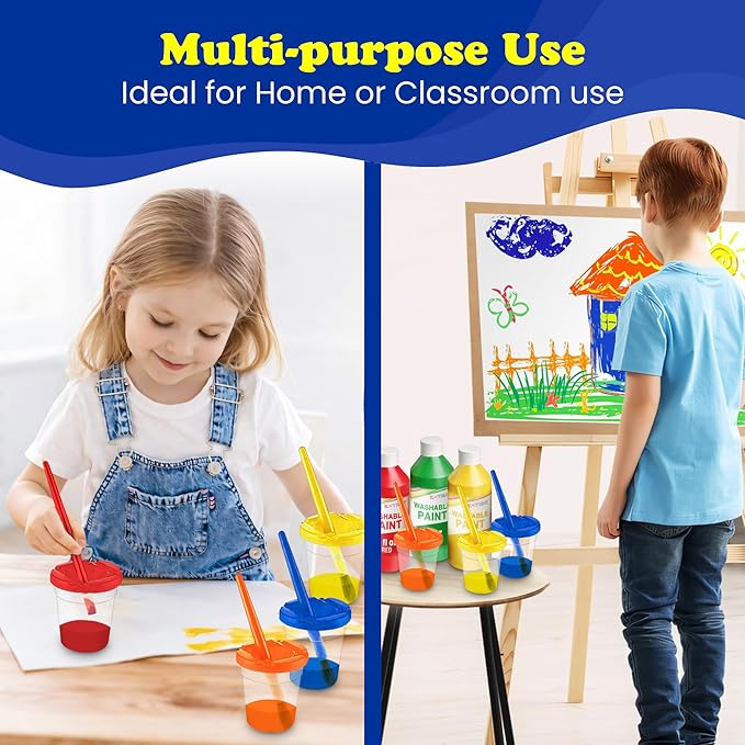 EXTRIC Washable Paint for Kids, (6 Colors of 8 oz) Kids Tempera Paint 6 Paint Cups & 6 Brushes Non-Toxic Mess-Free Finger Painting for toddlers & Kids, Art Supplies