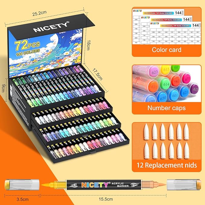 NICETY 144 Colors Acrylic Paint Markers – 72 Pack Dual Tip Acrylic Paint Pens with Brush Tip, Water-Based Quick-Dry Non-Bleed Paint Markers for Rock, Wood, Glass, Ceramic, Fabric, and Canvas