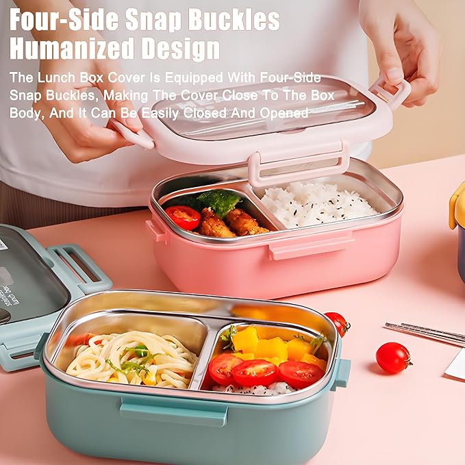 Stainless Steel Lunch Box, 2 Compartment Bento Box for Adults, Easy to Clean, Leak-Proof Design, Food Storage Container with Tableware for Family, Work, Picnics and Travel(850ml, Blue)