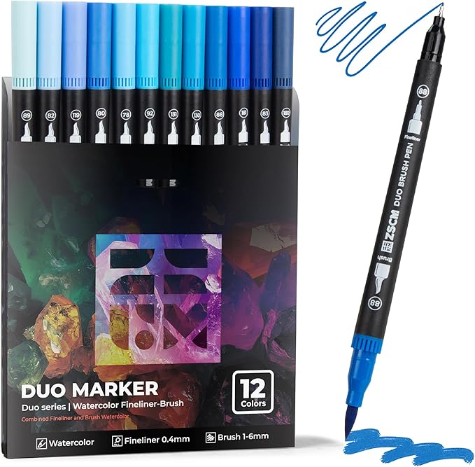 ZSCM Blue Duo Tip Marker Pens, 12 Pack Fine & Brush Markers for Adult Coloring Books No Bleeding, Ocean Blue Markers for Sky & Sea Landscapes, Water Effects, Calming Mandalas and Journaling