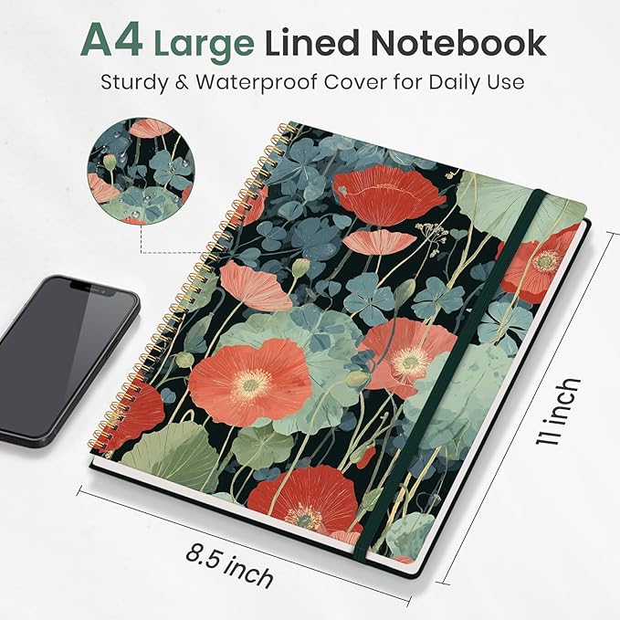 Taja Large Spiral Lined Journal for Women, 8.5" x 11" Notebooks for Work Collge Ruled, A4 Aesthetic Cute Journaling Notebooks for Writing, Plastic Cover, Poppy Garden